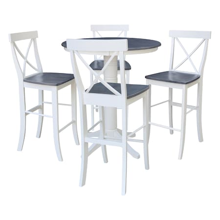 International Concepts 36 in. Solid Wood Round Top Pedestal Bar Height Dining Table w/4 X-Back Stools, White/Heather Gray K05-36RT-27B-S6133-4